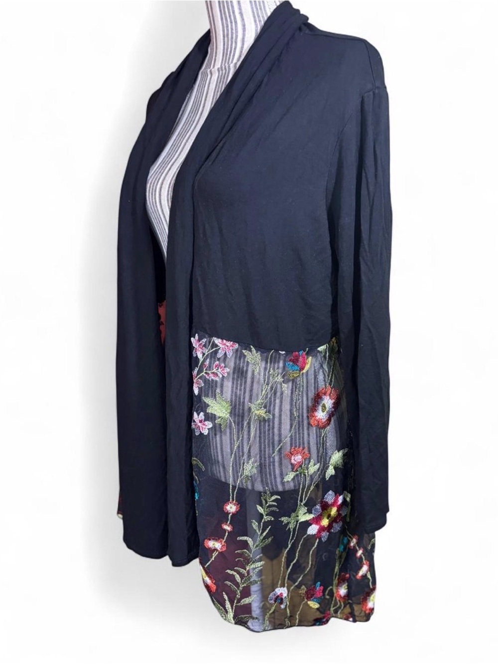 Embroidered black and sheer open front long sleeve women’s cardigan / duster